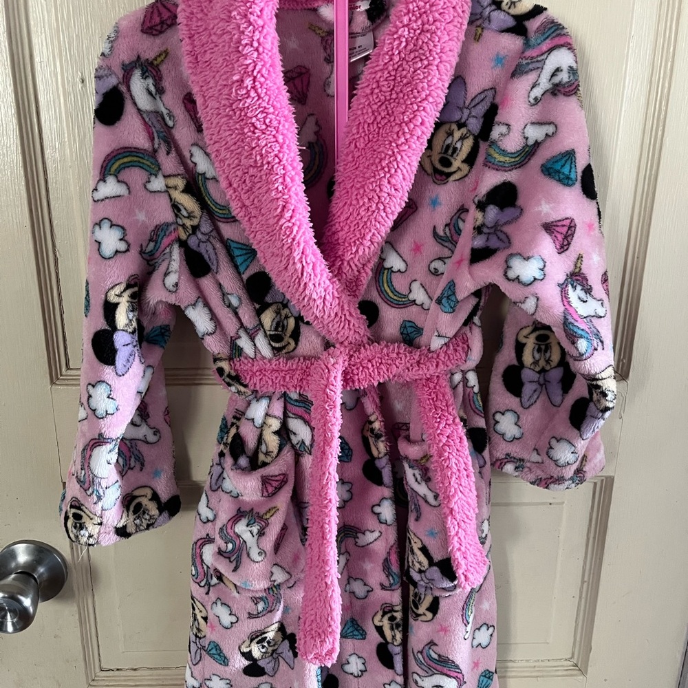 Disney Minnie Mouse Unicorn Rainbow Pink Pockets Bathrobe